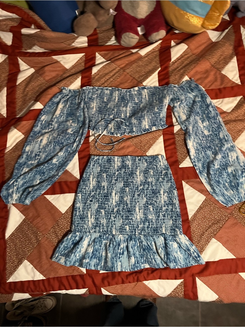 Vici Blue White Off-Shoulder Two-Piece Skirt Set